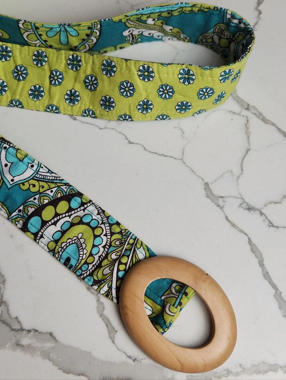 Vera Bradley Reversible Peacock Pattern Fabric Belt with Wooden Buckle